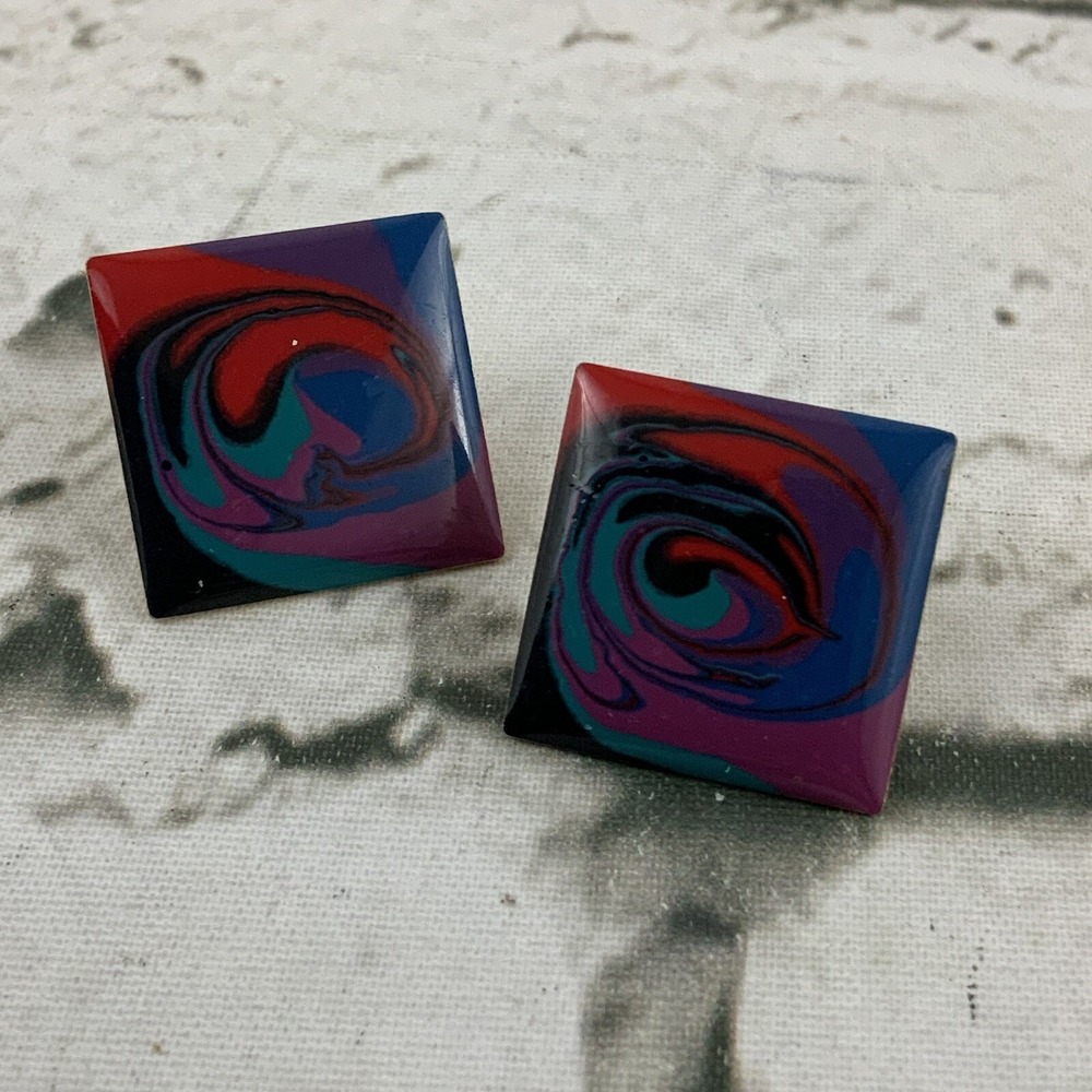 Vintage 80's Art Deco Stud Earrings Square Swirling Colors Red Blue Purple